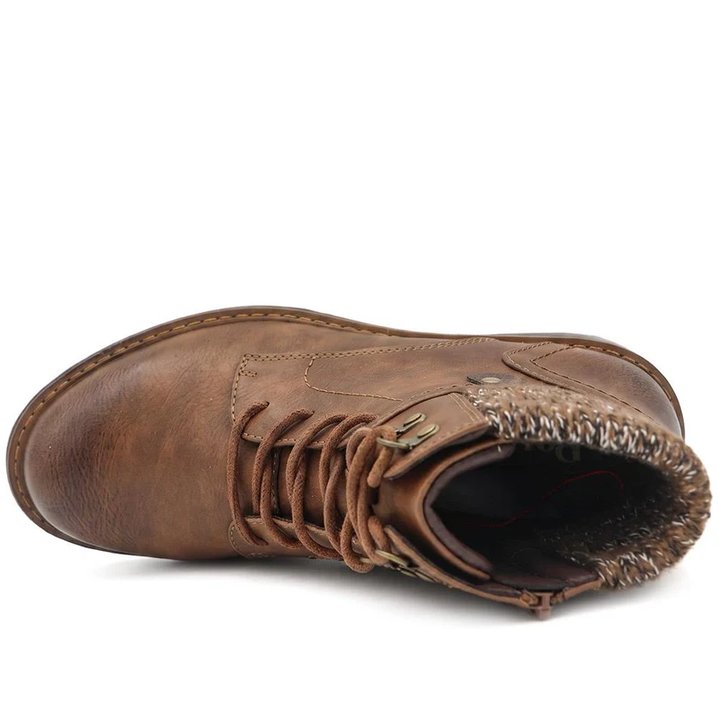 Wide Fit Knitted Cuff Lace Up Boots - LAND44006 / 329 629 - Tan
