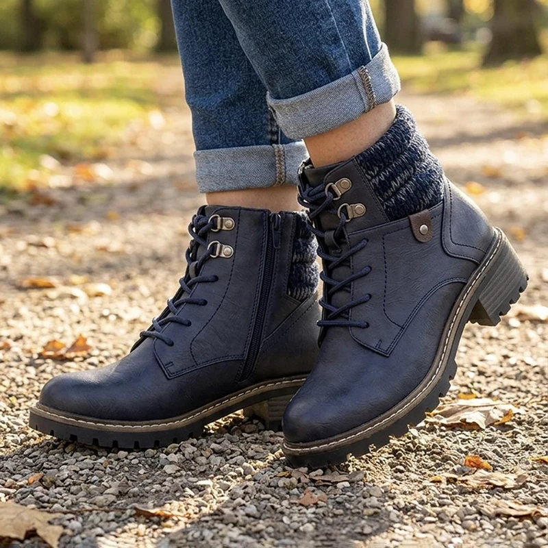 Wide Fit Knitted Cuff Lace Up Boots - LAND44006 / 329 629 - Navy