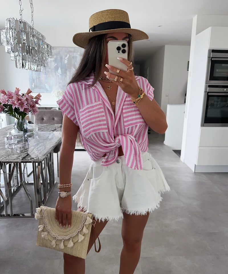 Musselin Kurzarm Hemd Elfi Streifen Babypink