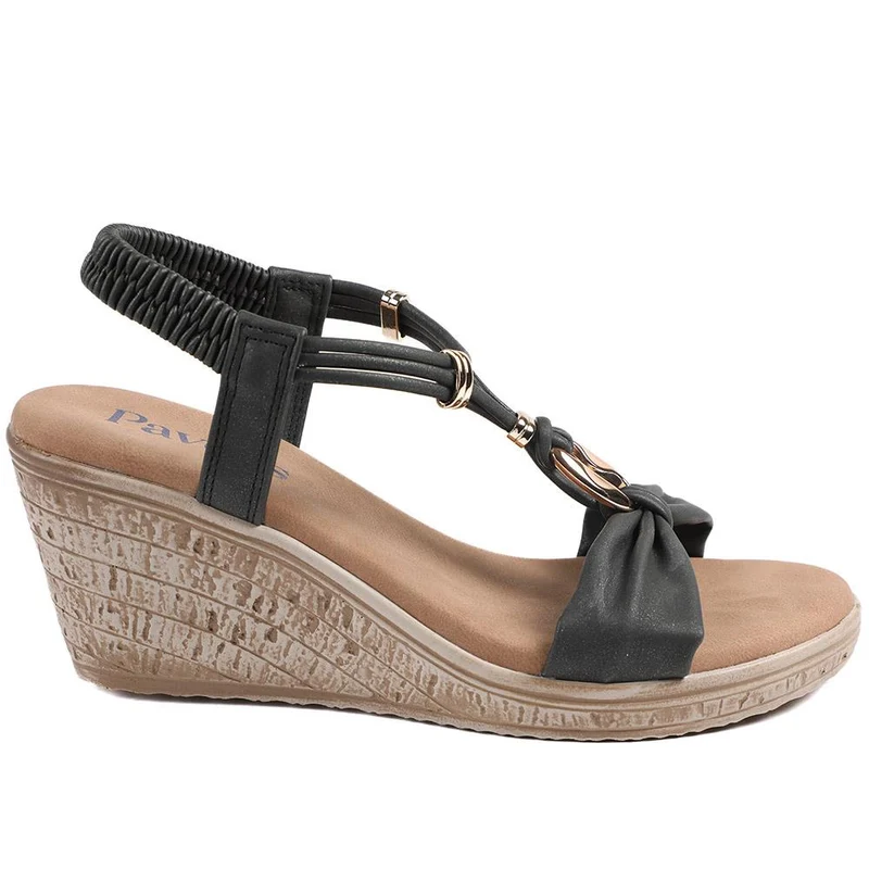 Bow Detail Wedge Slingback Sandals - BAIZH43045 / 329 116 - Black