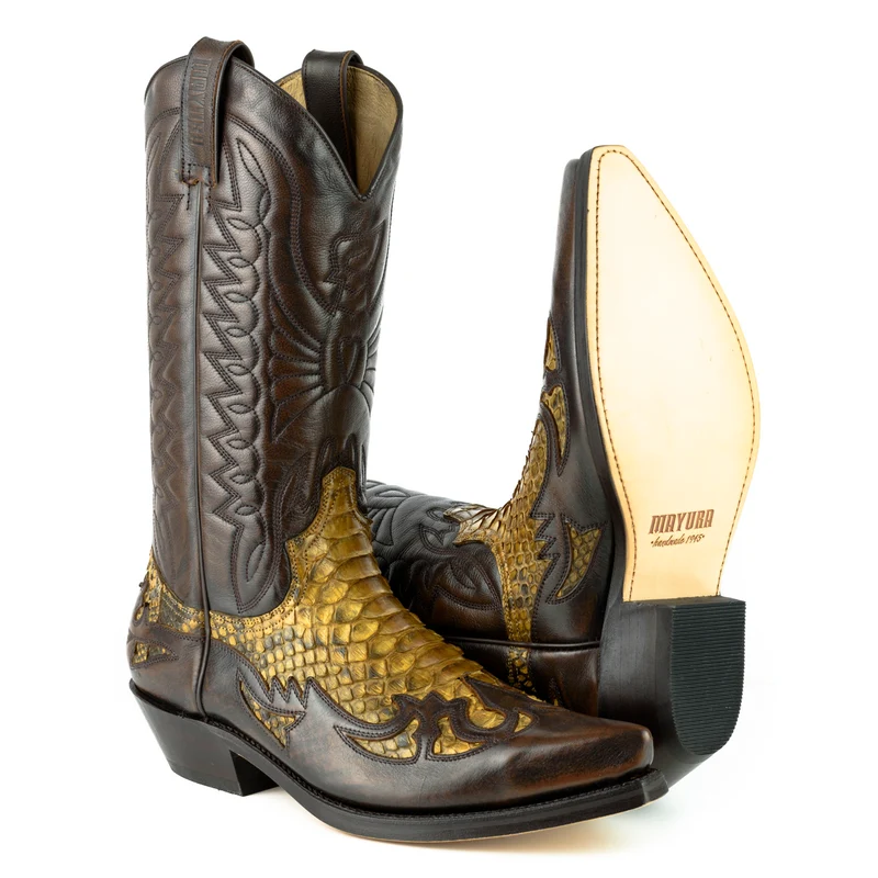 Country- und Western-Cowboystiefel für Herren und Damen von 1935 aus exotischem braunem und gelbem Leder