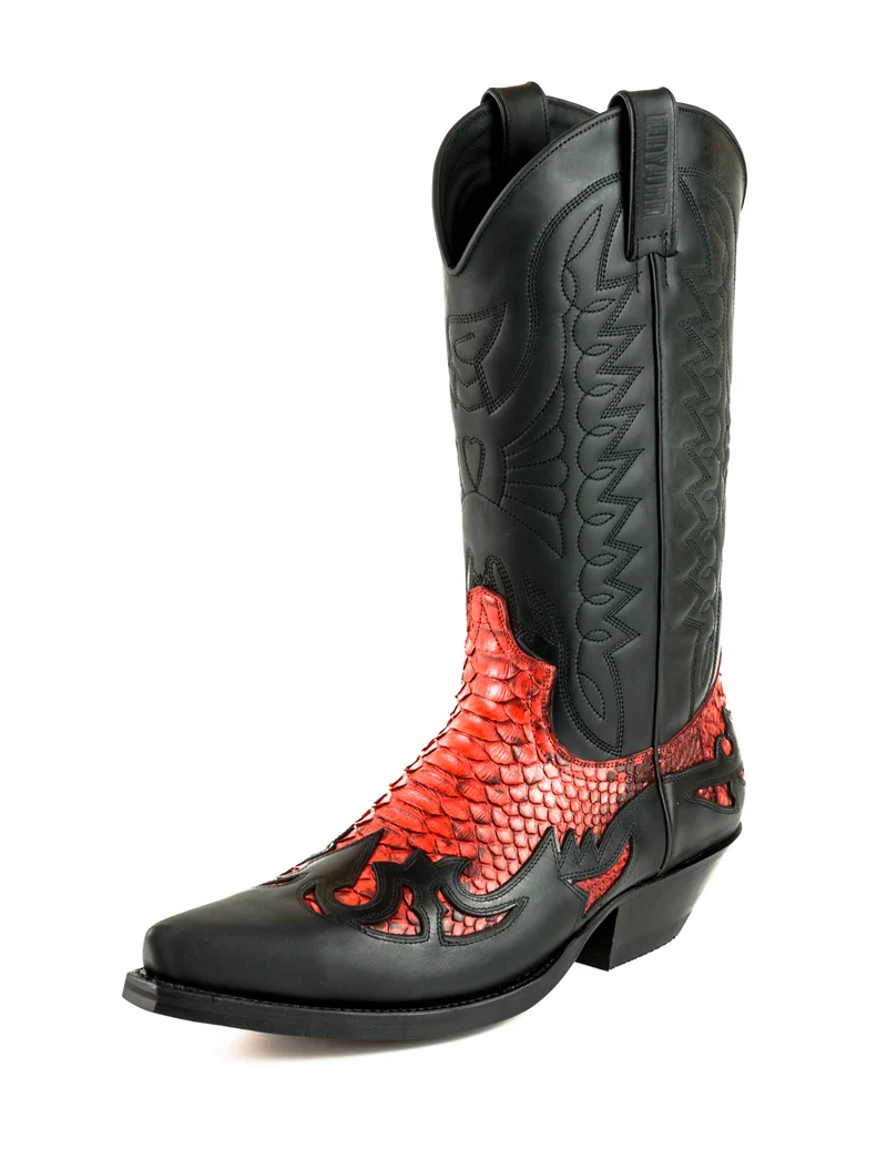 Country- und Western-Cowboystiefel 1935 C für Herren und Damen aus schwarzem und exotischem rotem Leder