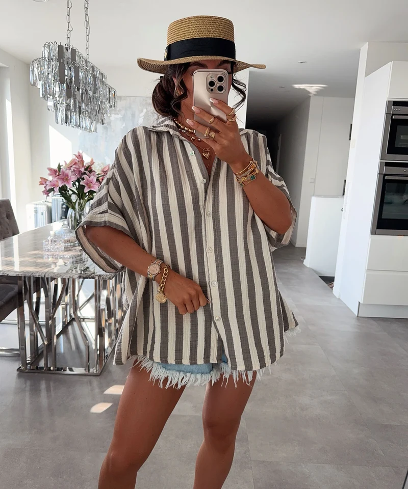 Oversize Musselin Kurzarmhemd Mala Streifen Taupe