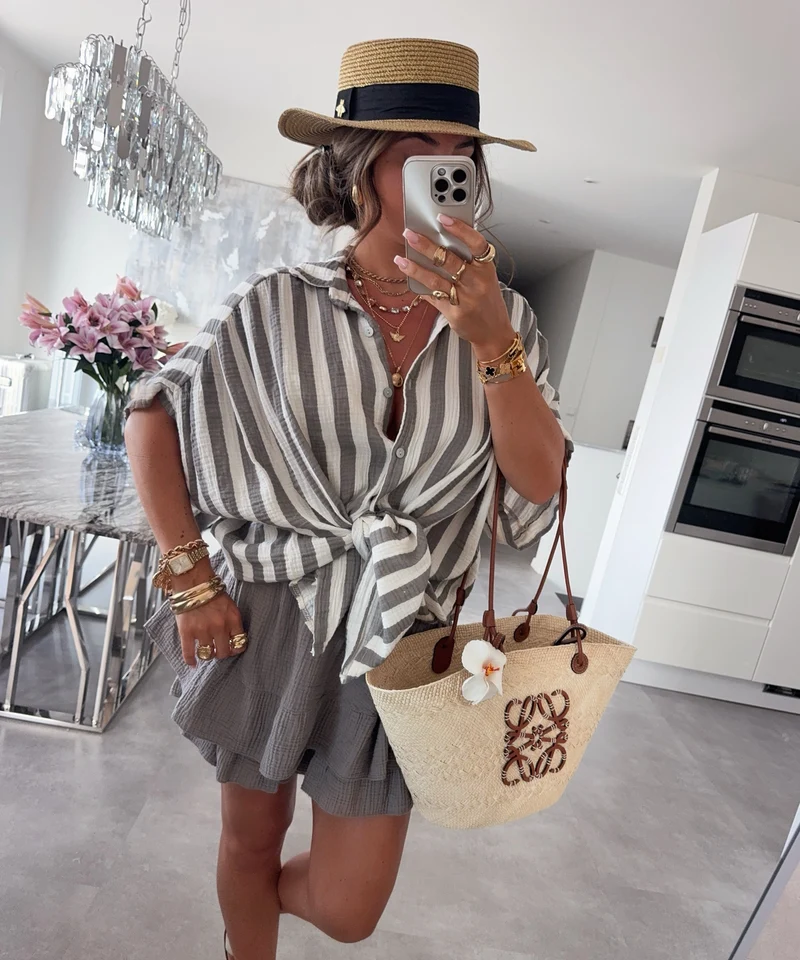 Oversize Musselin Kurzarmhemd Mala Streifen Taupe