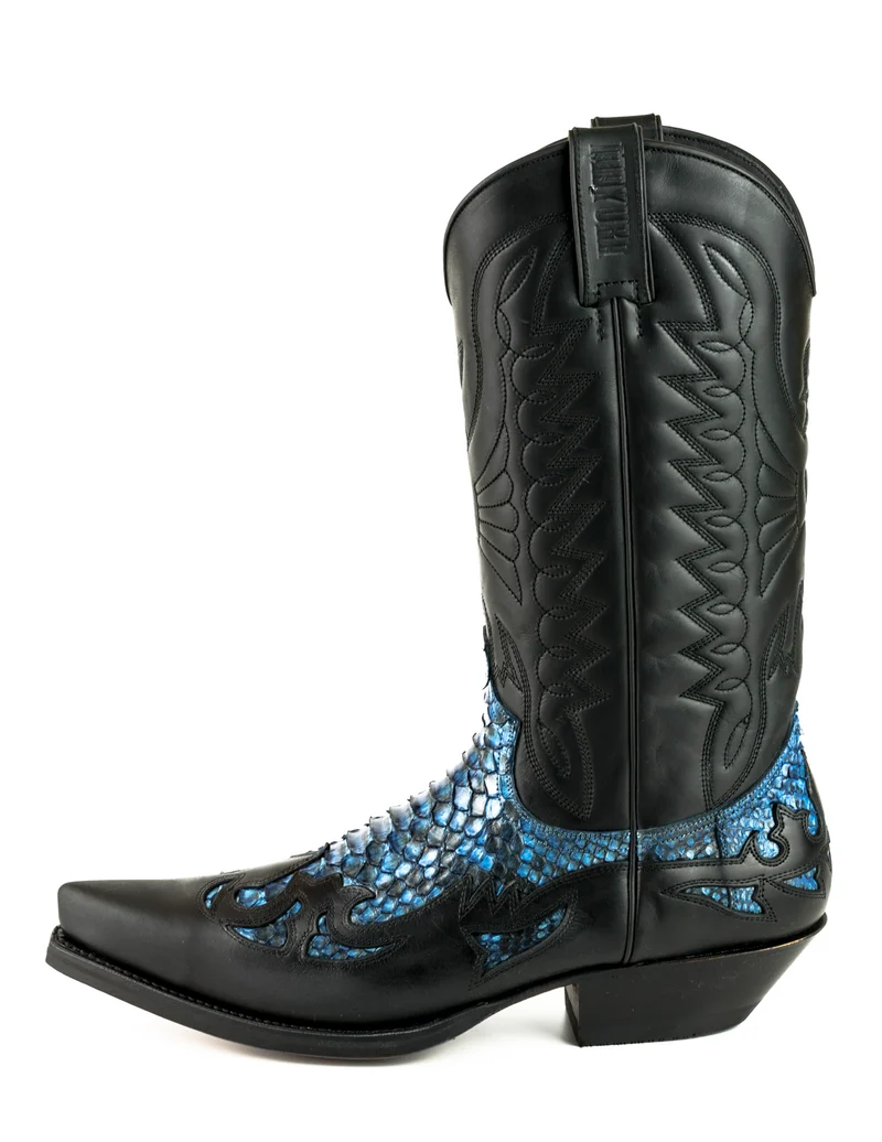 Country- und Western-Cowboystiefel 1935 C für Herren und Damen aus schwarzem und exotischem blauem Leder