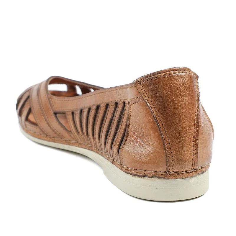 Leather Cut Out Peep Toe Flats - KARY43003 / 329 013 - Tan