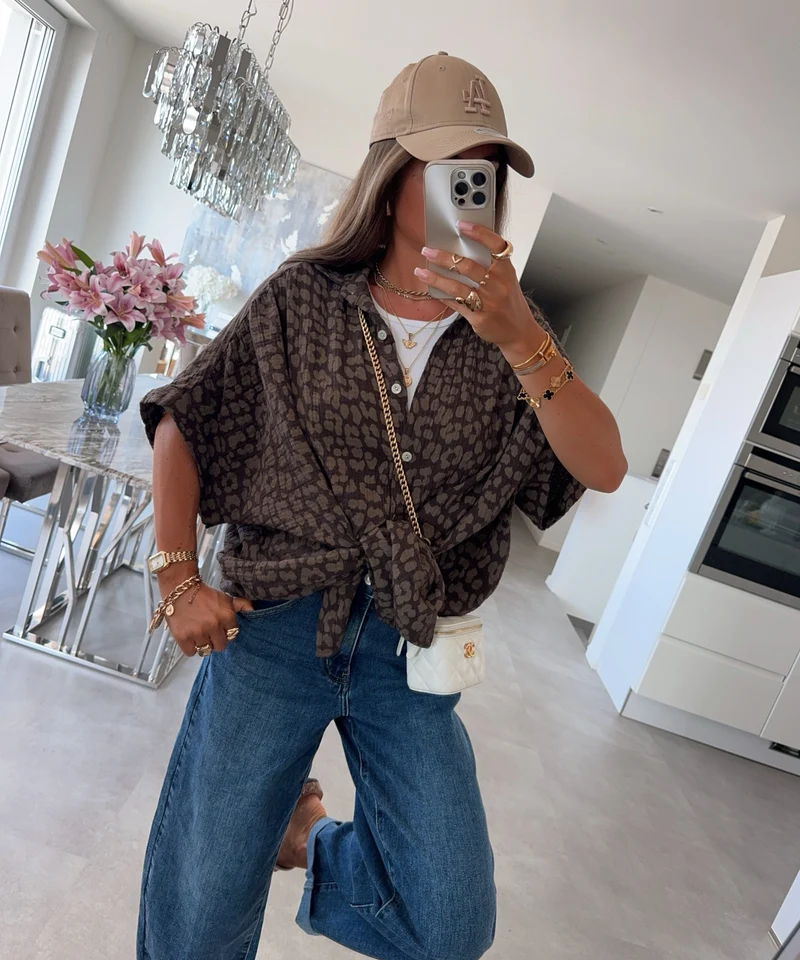 Oversize Musselin Kurzarmhemd Nine Leo Dunkelbraun
