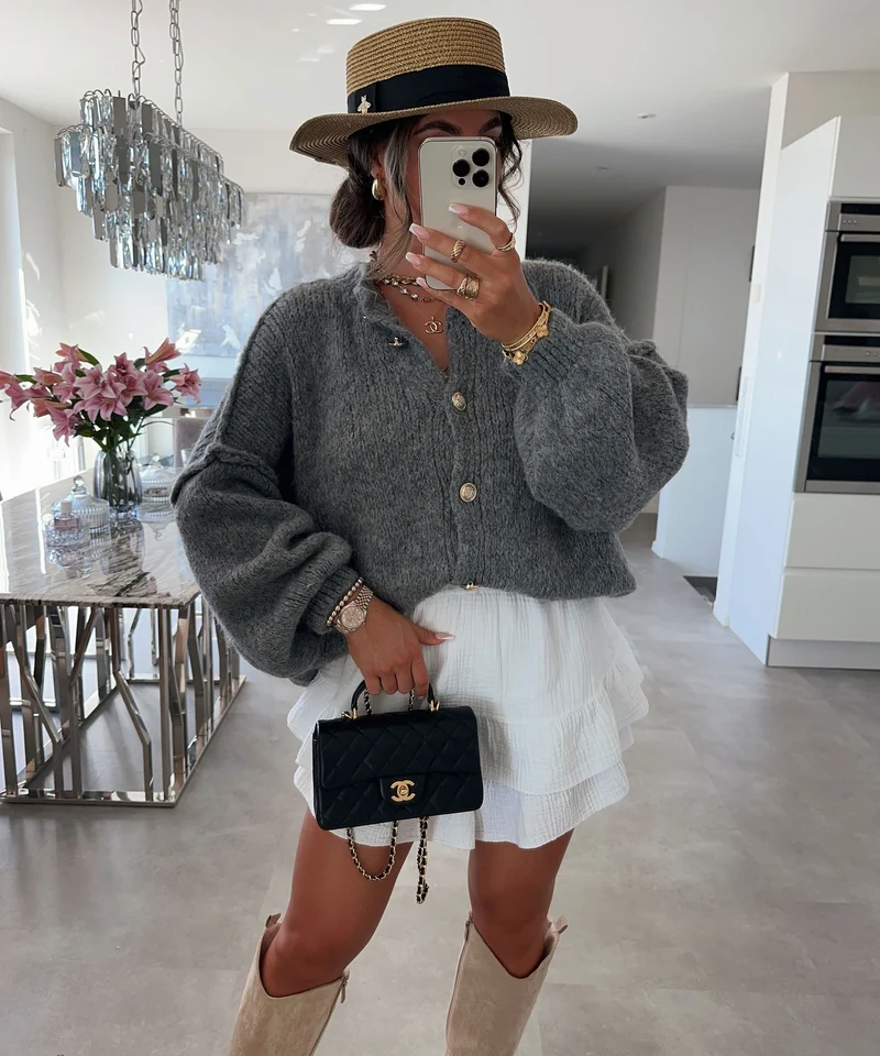Oversize Strickjacke Jalsi Kurz Dunkelgrau