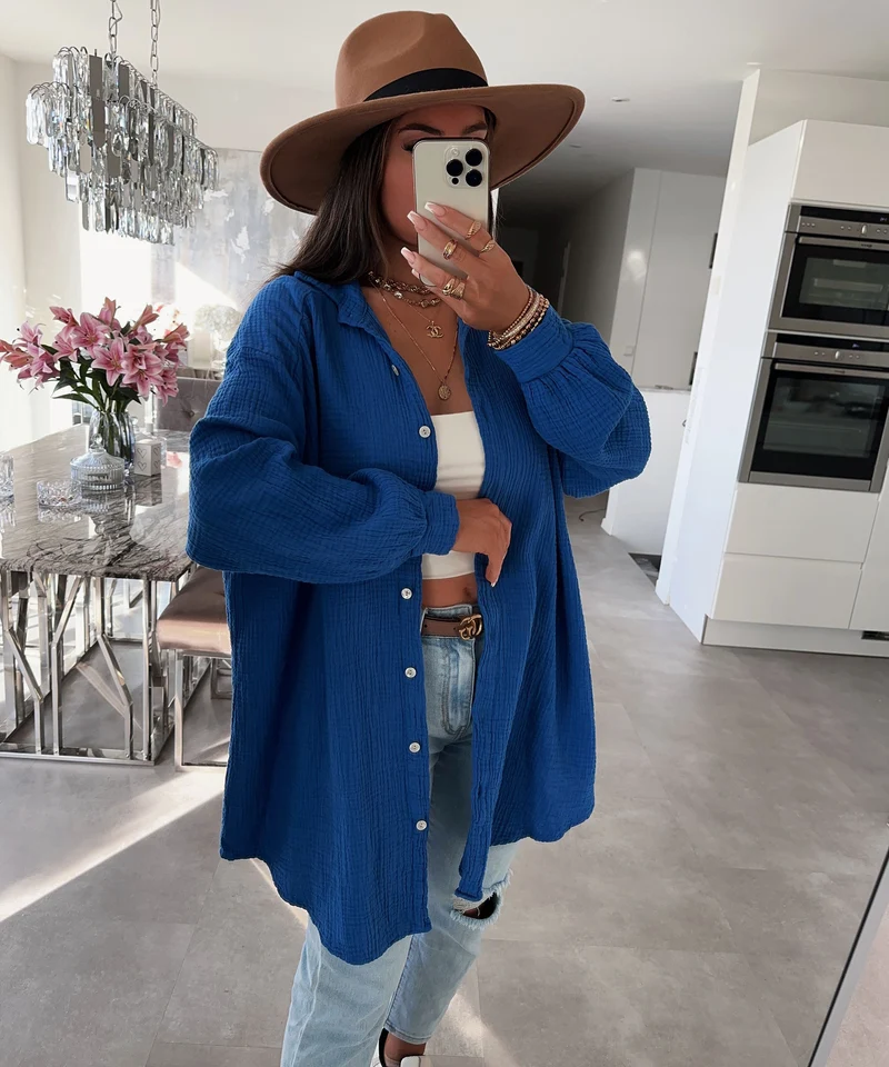 Oversize Musselin Bluse Freya Royalblau Lang