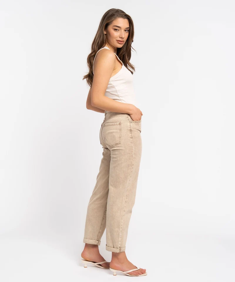 Stretch Mom Jeans Leava Dunkelbeige