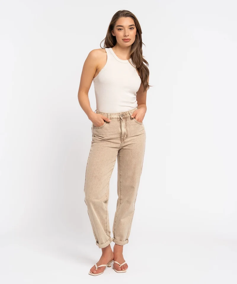 Stretch Mom Jeans Leava Dunkelbeige