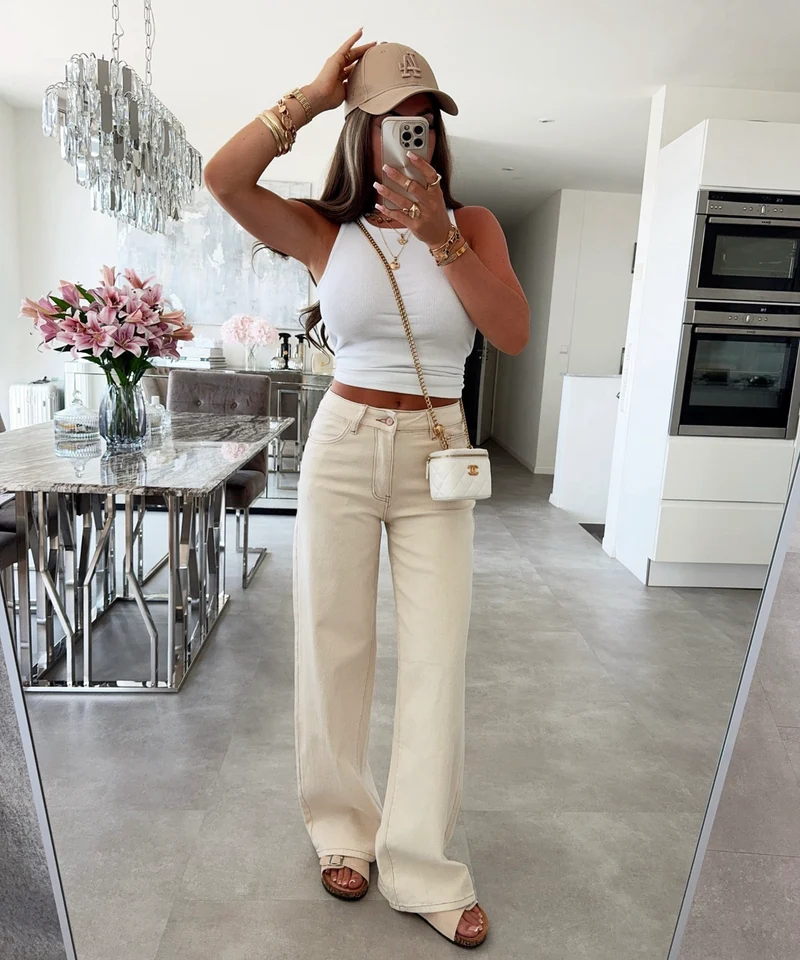 Stretch Dad Fit Mid Rise Jeans Henrika Creme