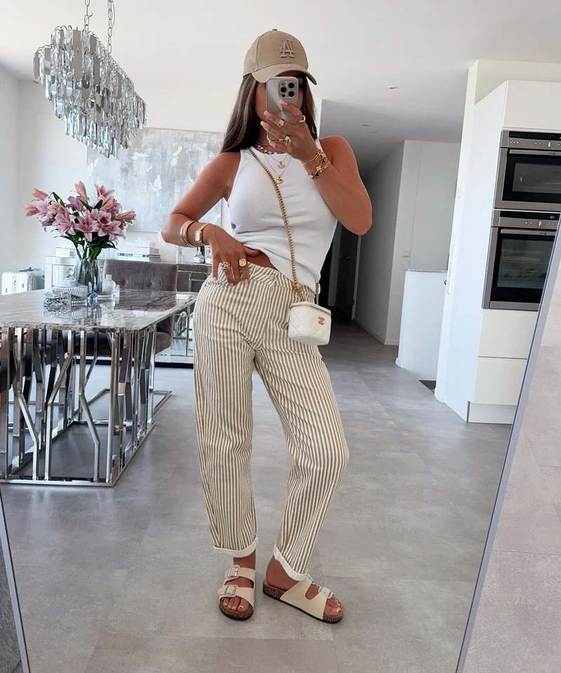 Stretch Mom Jeans Vila Streifen Beige