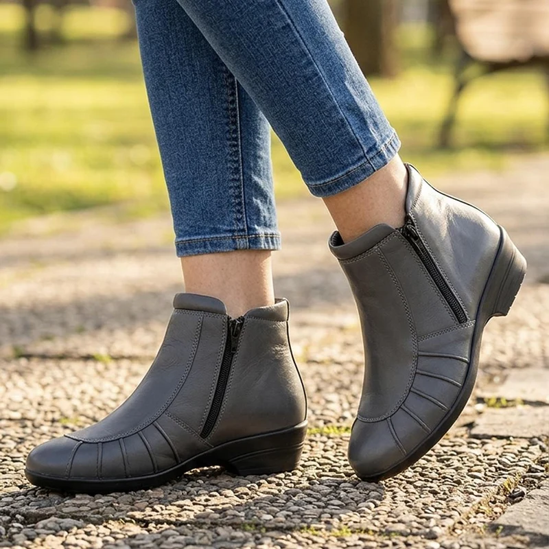 Lightweight Leather Ankle Boots - KF38012 / 324 468 - Grey