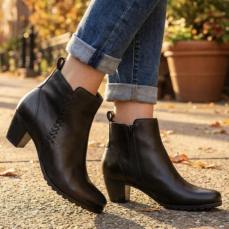 Leather Stitch Pattern Ankle Boots - MAGNU44010 / 330 052 - Black