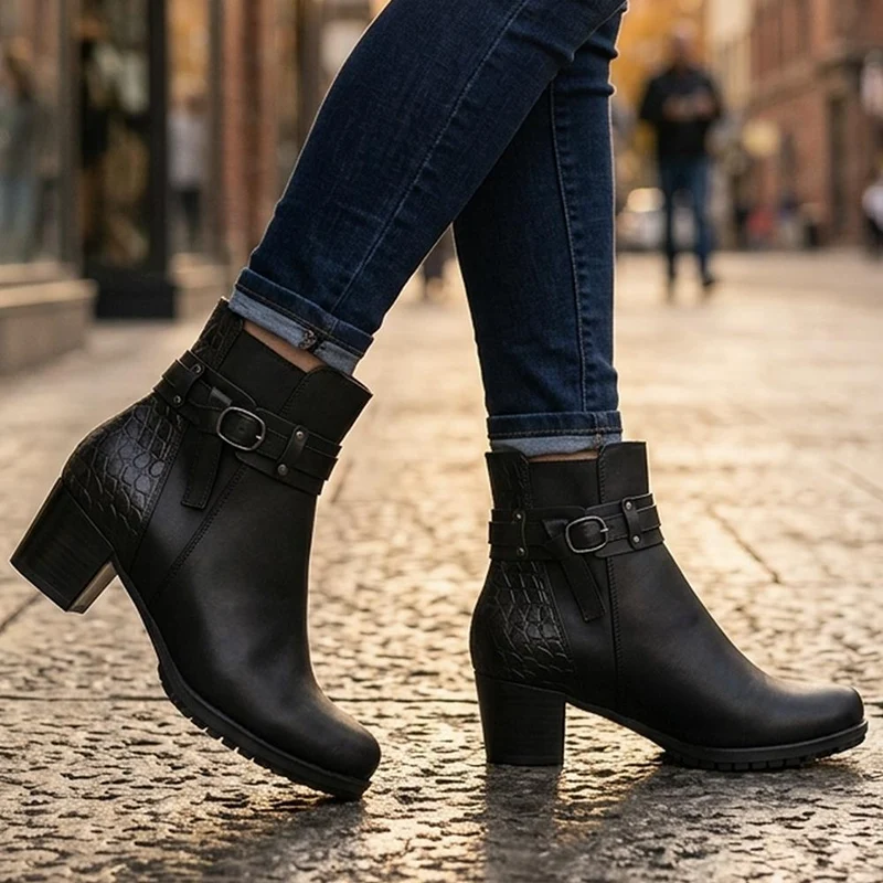 Warm Lined Smart Block Heel Ankle Boots - WOIL44003 / 330 085 - Black Multi
