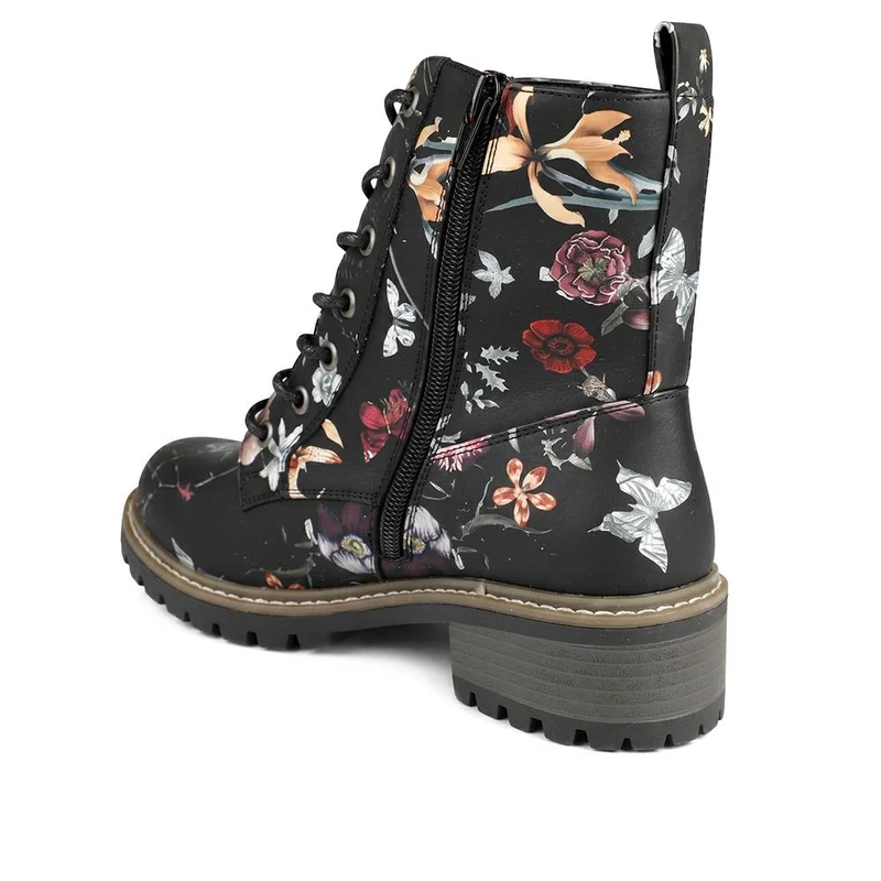 Wide Fit Floral Lace Up Boots - LAND44008 / 329 630 - Black Floral
