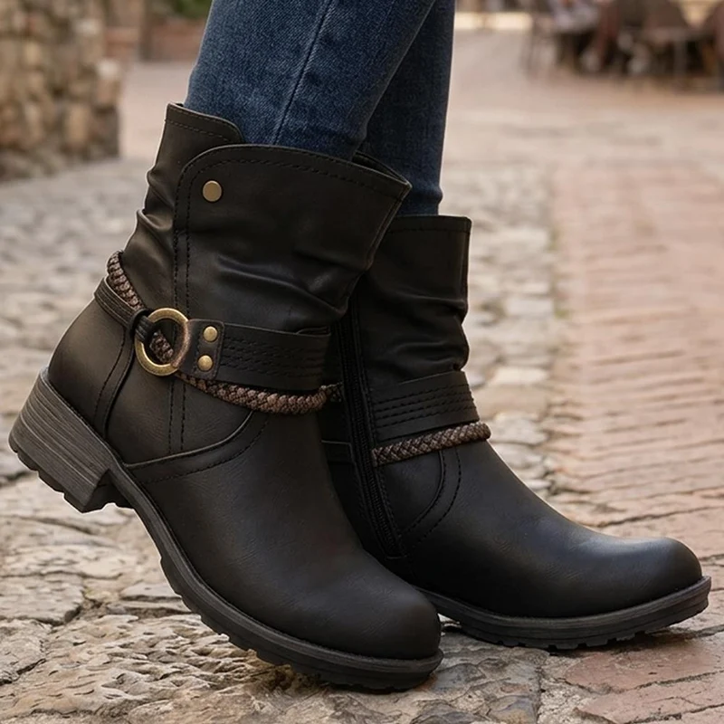 Buckle Detail Zip Fasten Ankle Boots - WOIL44048 / 329 800 - Black