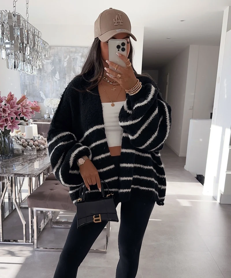 Cardigan Ray gestreift Schwarz Weiß