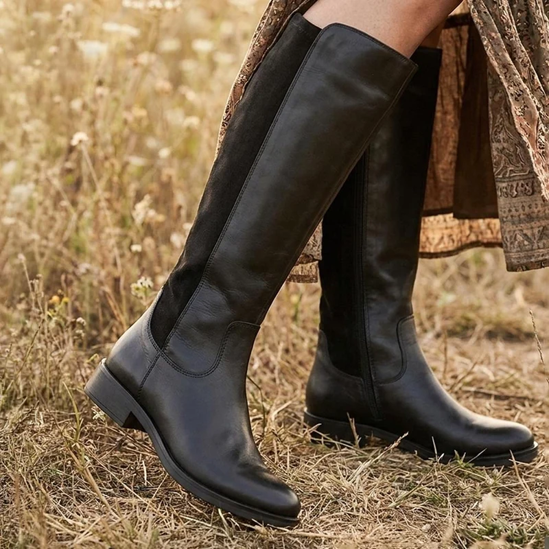 Leather Flat Heeled Long Boots - SAK44001 / 330 240 - Black