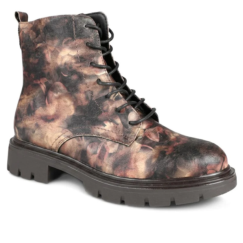 Lace-Up Block-Heeled Boots - WBINS42017 / 328 111 - Brown Multi