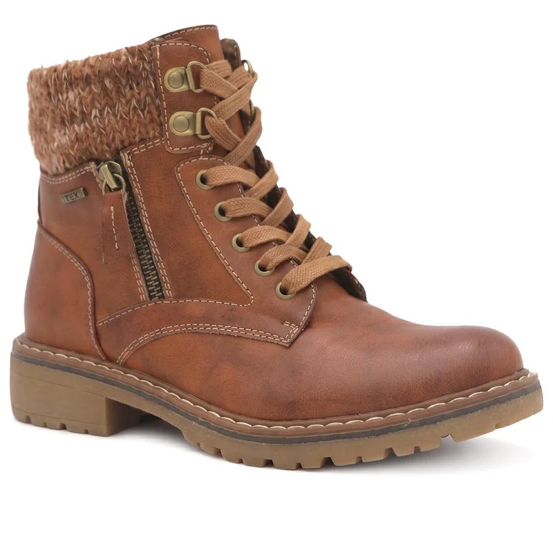 Knitted Cuff Zip & Lace Walking Boots - WBINS44080 / 330 003 - Tan