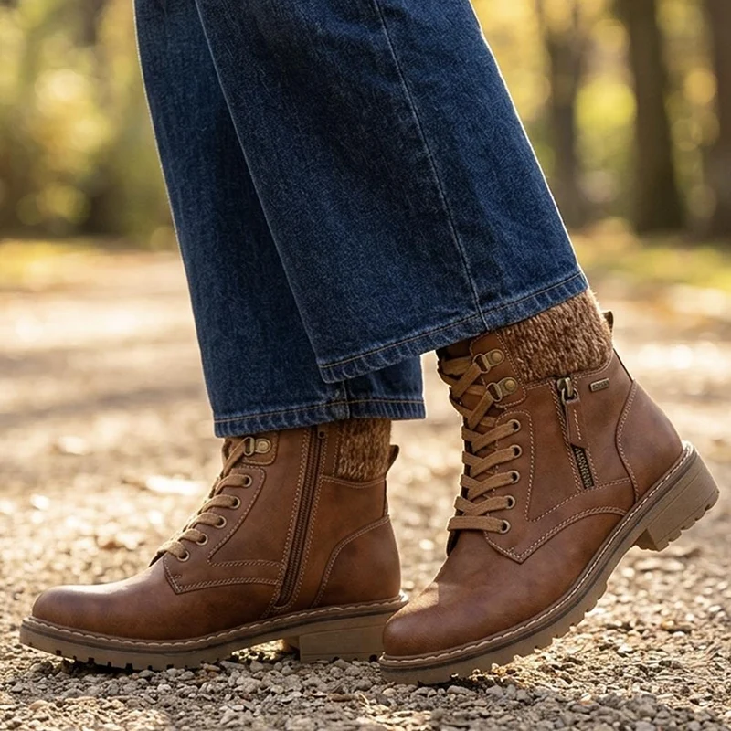 Knitted Cuff Zip & Lace Walking Boots - WBINS44080 / 330 003 - Tan