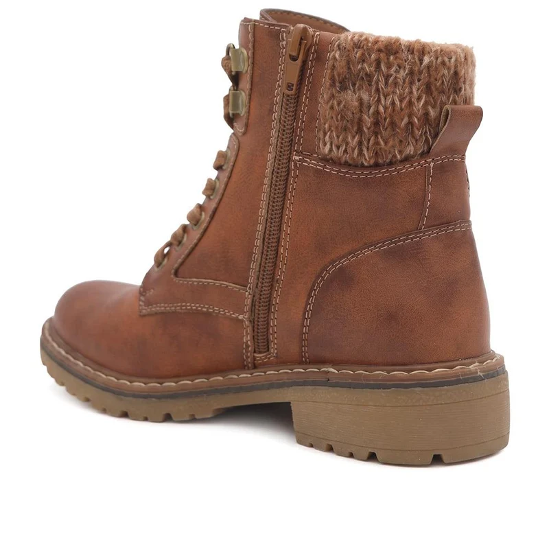 Knitted Cuff Zip & Lace Walking Boots - WBINS44080 / 330 003 - Tan