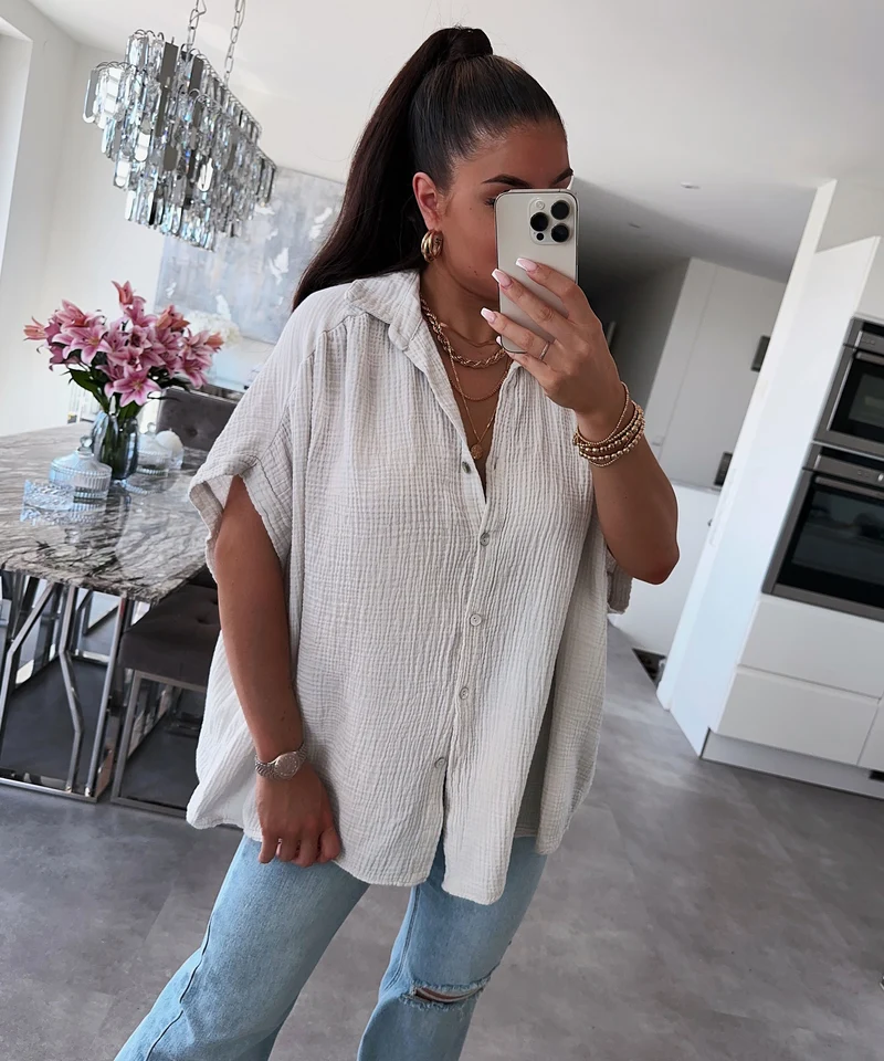 Oversize Musselin Kurzarmhemd Romy Beige
