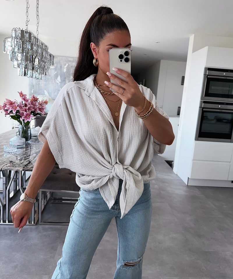 Oversize Musselin Kurzarmhemd Romy Beige