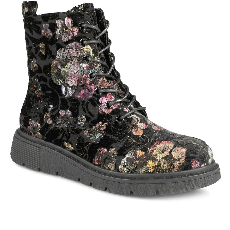 Wide Fit Lace Up Floral Ankle Boots - WBINS44081 / 330 004 - Black Floral
