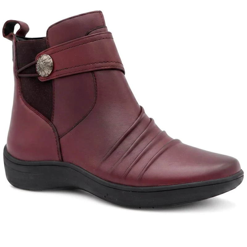 Wide Fit Leather Zip Up Ankle Boots - KF44007 / 330 050 - Burgundy