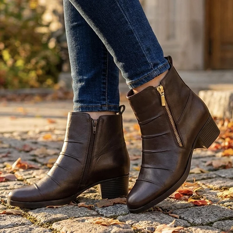 Smart Leather Zip Fasten Block Heel Ankle Boots - MAGNU44009 / 330 058 - Chocolate
