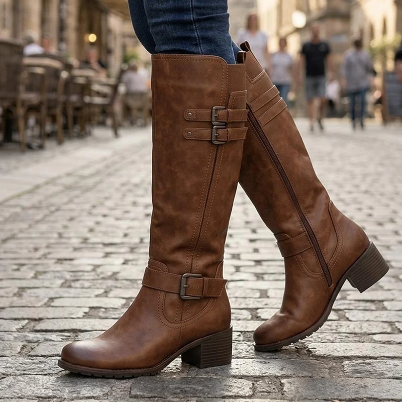 Buckle Detail Zip Fasten Long Boots - WOIL44057 / 329 986 - Tan