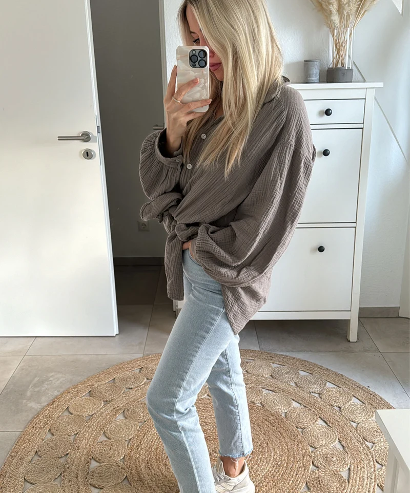 Oversize Musselin Bluse Freya Taupe Lang
