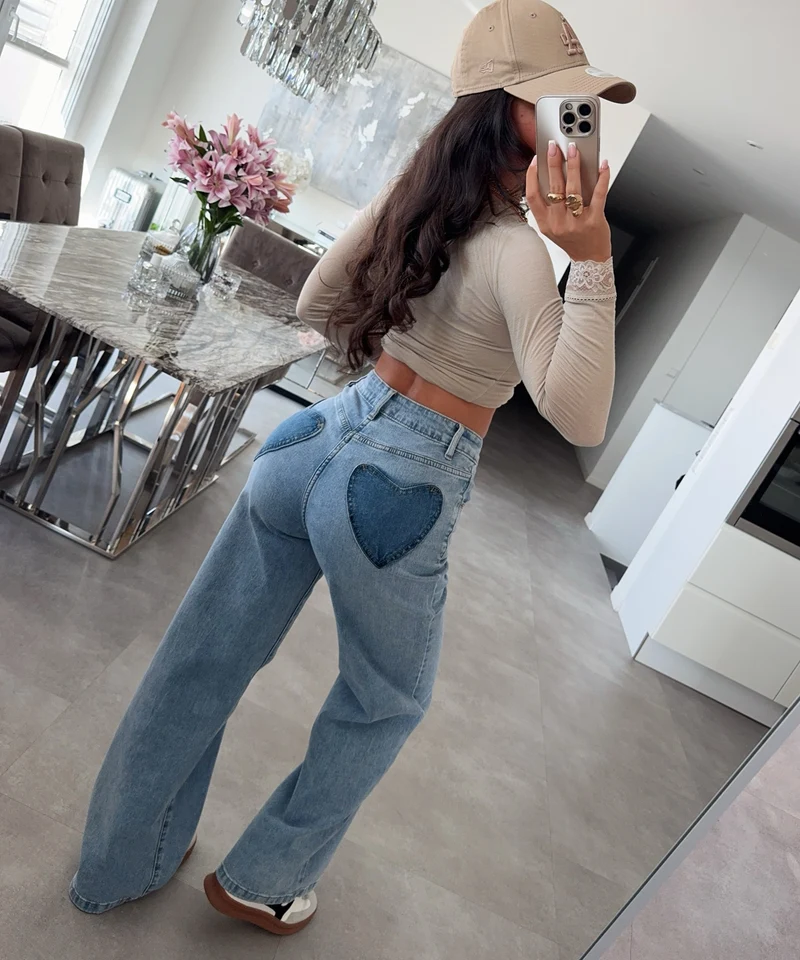 Stretch Straight Leg Jeans Heart Blau