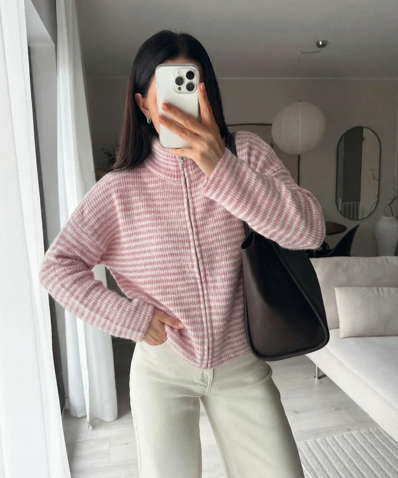 Zip Strickjacke Helena Streifen Rosa