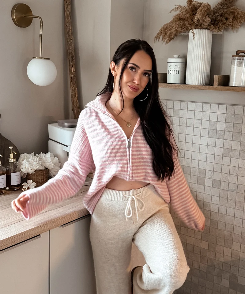 Zip Strickjacke Helena Streifen Rosa