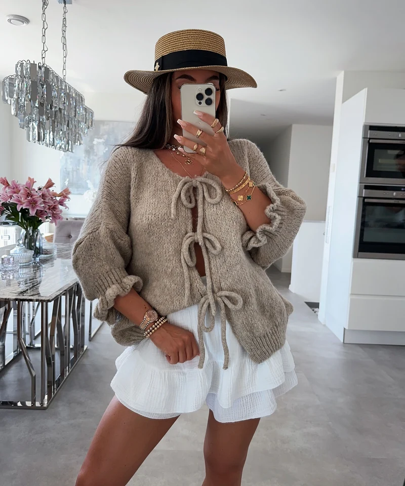 Cardigan Schleife Fia Dreiviertel Taupe