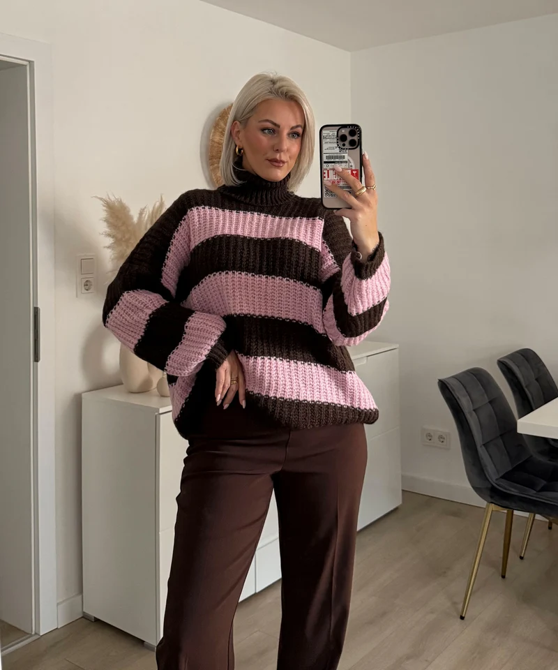Rollkragen Pullover Tanny Streifen Braun Rosa