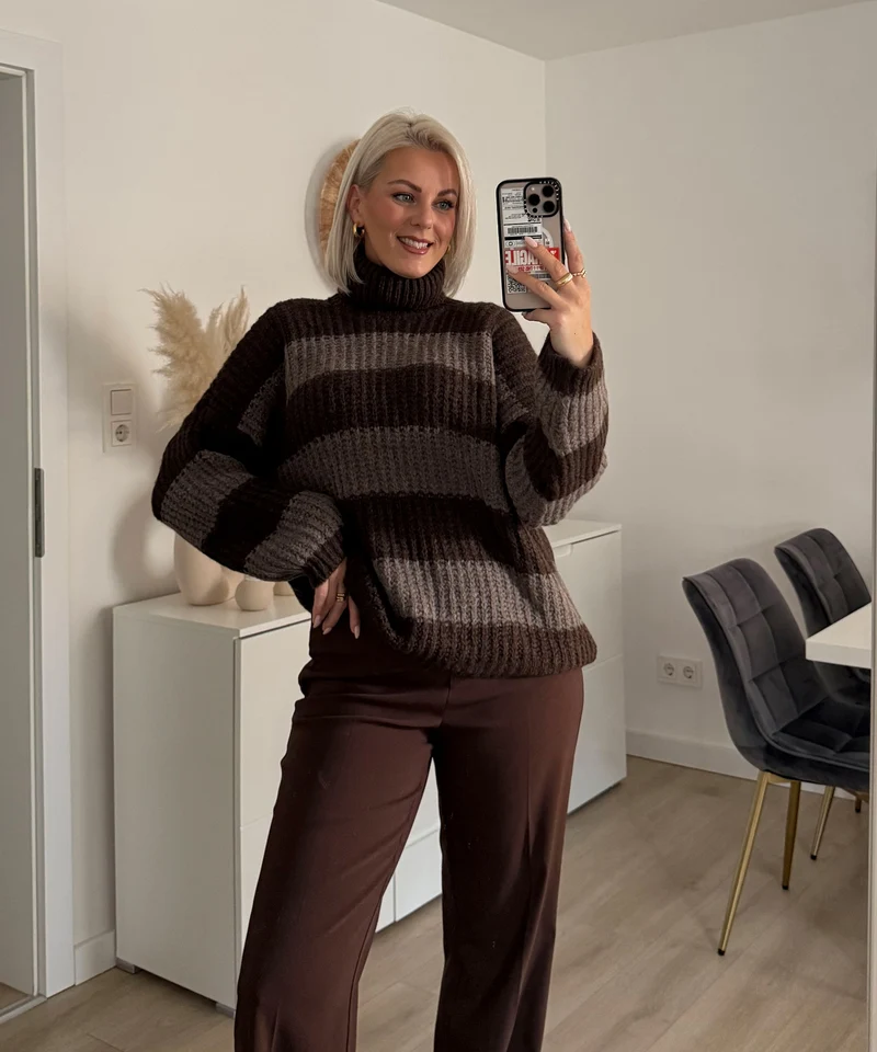 Rollkragen Pullover Tanny Streifen Dunkelbraun