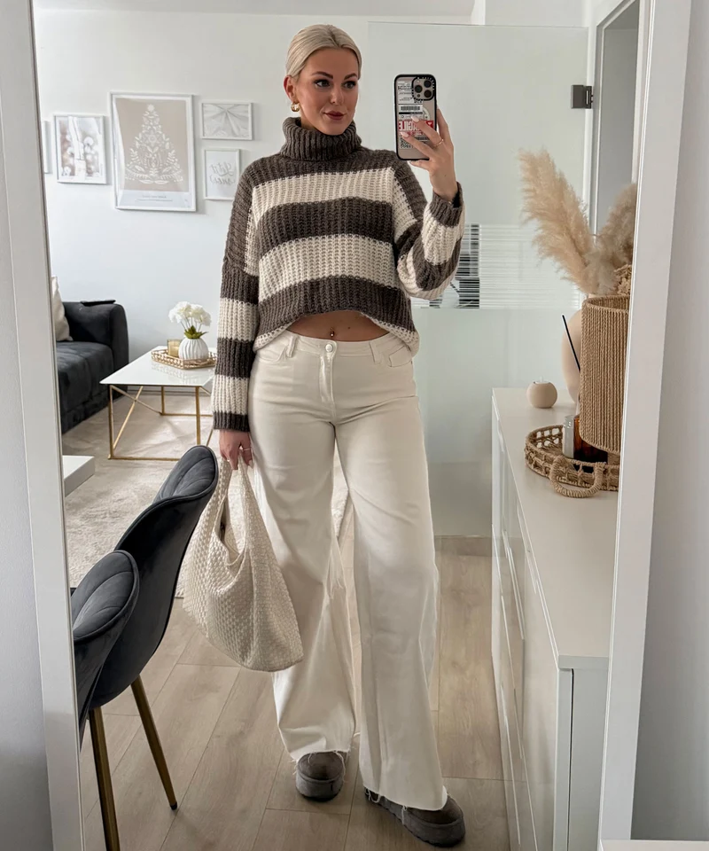 Rollkragen Pullover Tanny Streifen Braun Beige