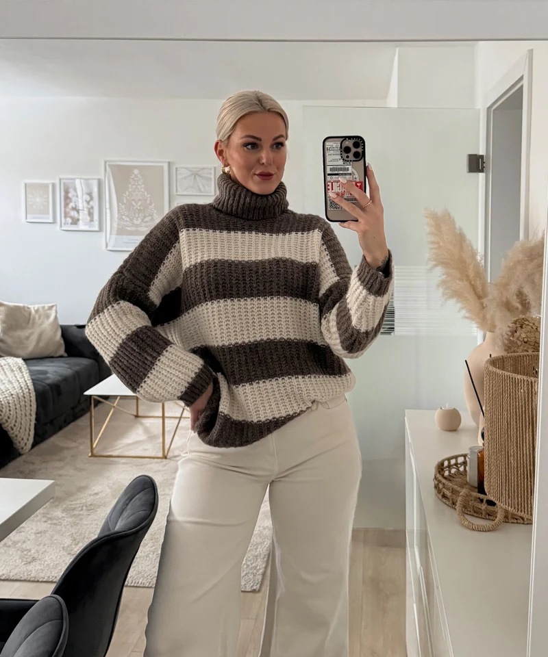 Rollkragen Pullover Tanny Streifen Braun Beige