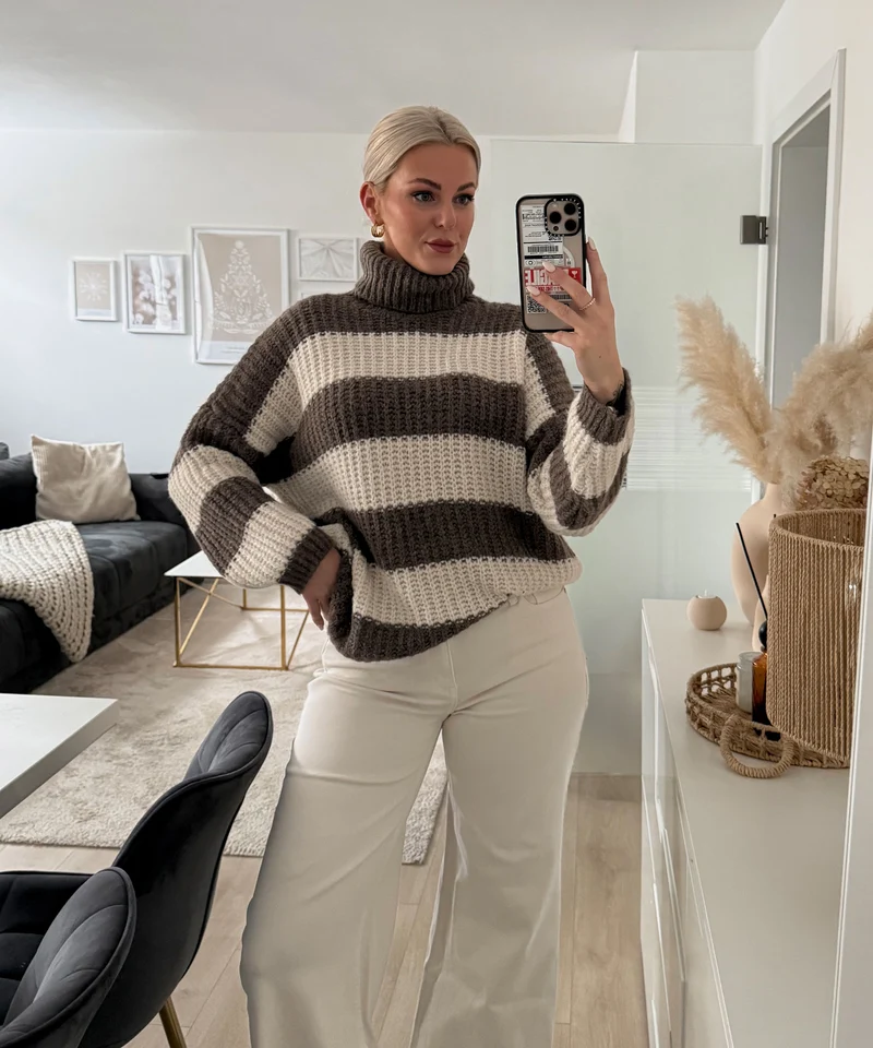 Rollkragen Pullover Tanny Streifen Braun Beige