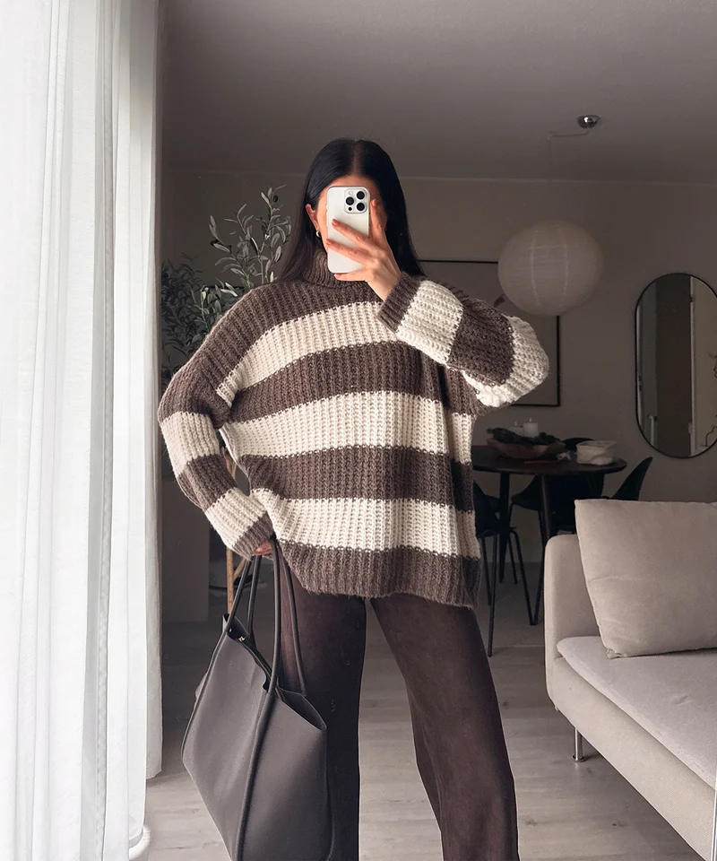 Rollkragen Pullover Tanny Streifen Braun Beige
