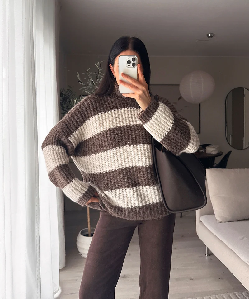 Rollkragen Pullover Tanny Streifen Braun Beige