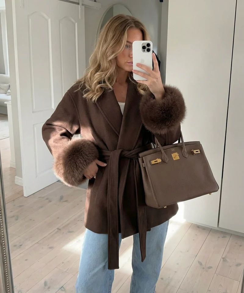 Jacke mit Felldetails Loona Dunkelbraun