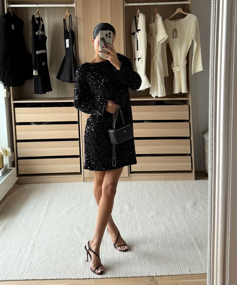 Pailletten Kleid Nessa Schleife Schwarz