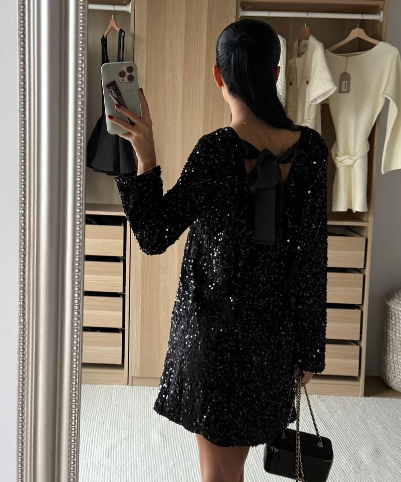 Pailletten Kleid Nessa Schleife Schwarz