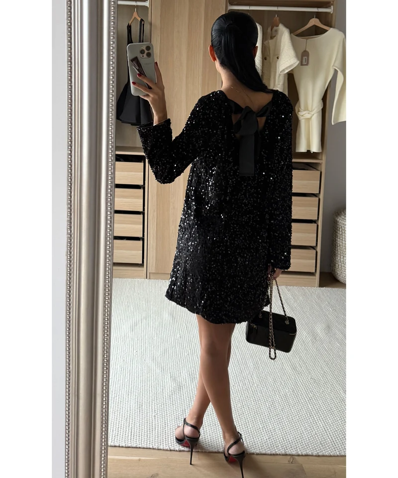 Pailletten Kleid Nessa Schleife Schwarz
